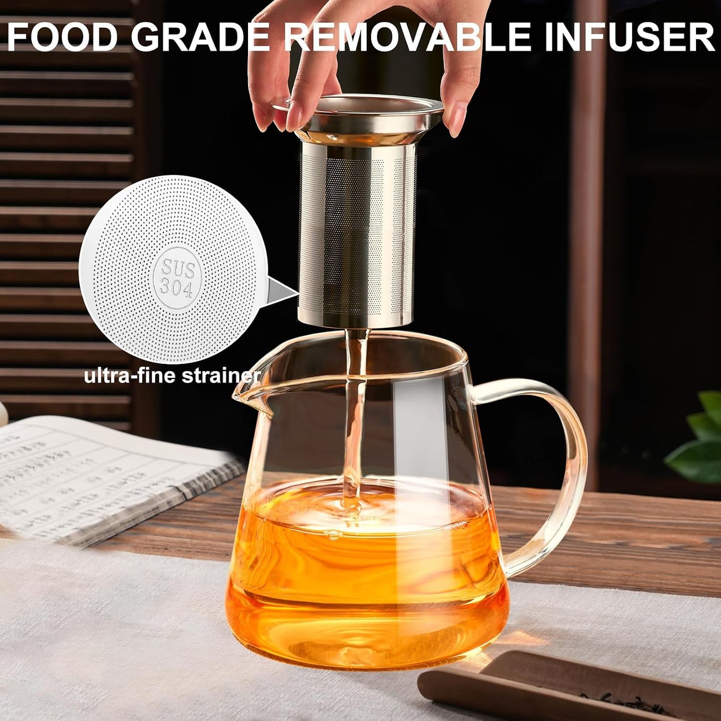 Baalaka Glass Teapot 18.6oz/550ml, Tea Pot with Removable Infusers for Loose Tea, Borosilicate Glass Tea Kettle Tea Maker Stovetop for Camping, Tea Infuser for Loose Leaf Tea Travel | Borosilicate glass tea kettle with infuser; steel strainer for loose