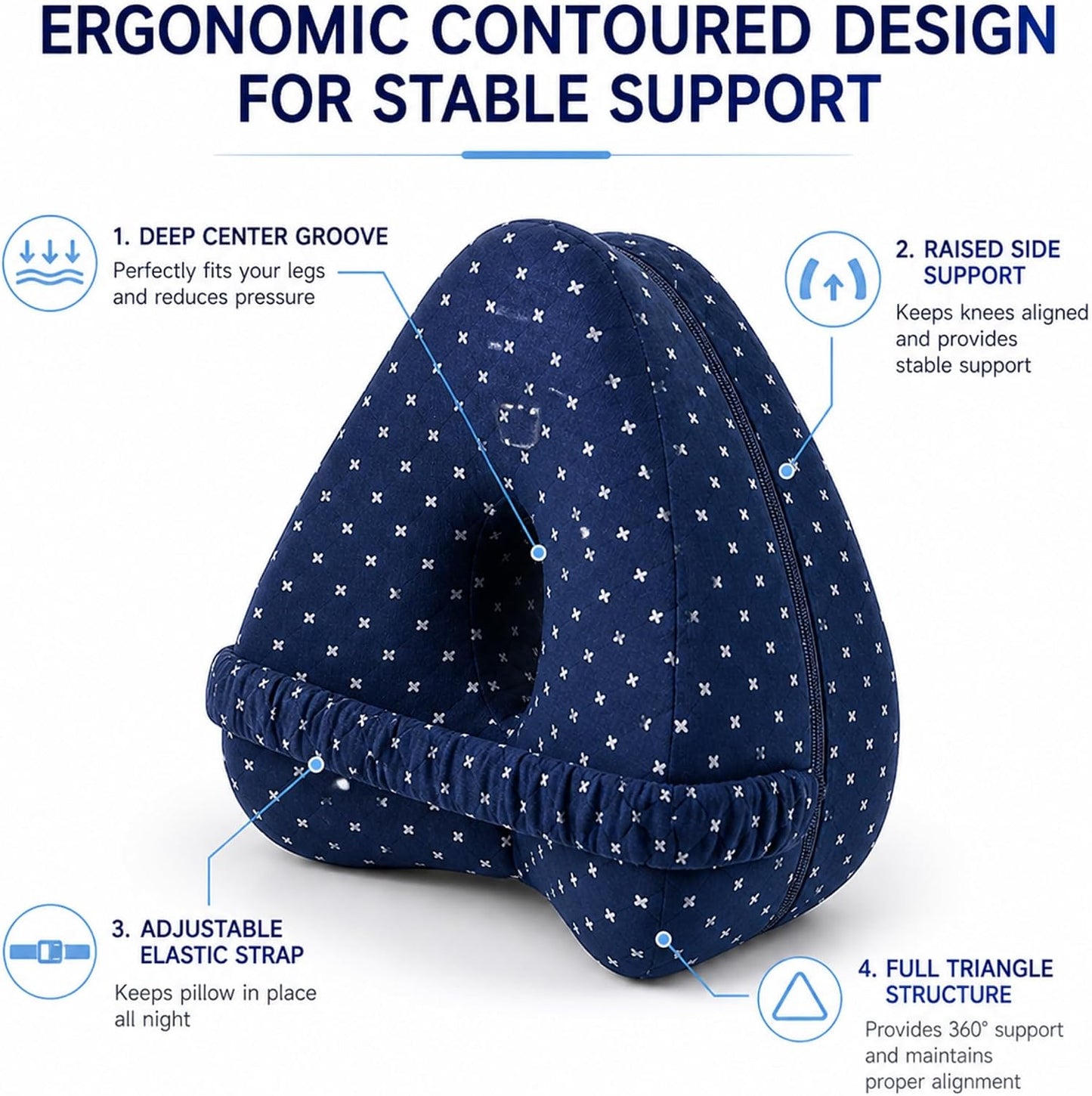 Alignment Pillow for Side Sleepers, Memory Foam Knee Pillow with Adjustable Strap, High-Density Leg Support for Hip, Back & Knee Pain Relief, Durable Side Sleeping Cushion (Navy Blue with White Dots)