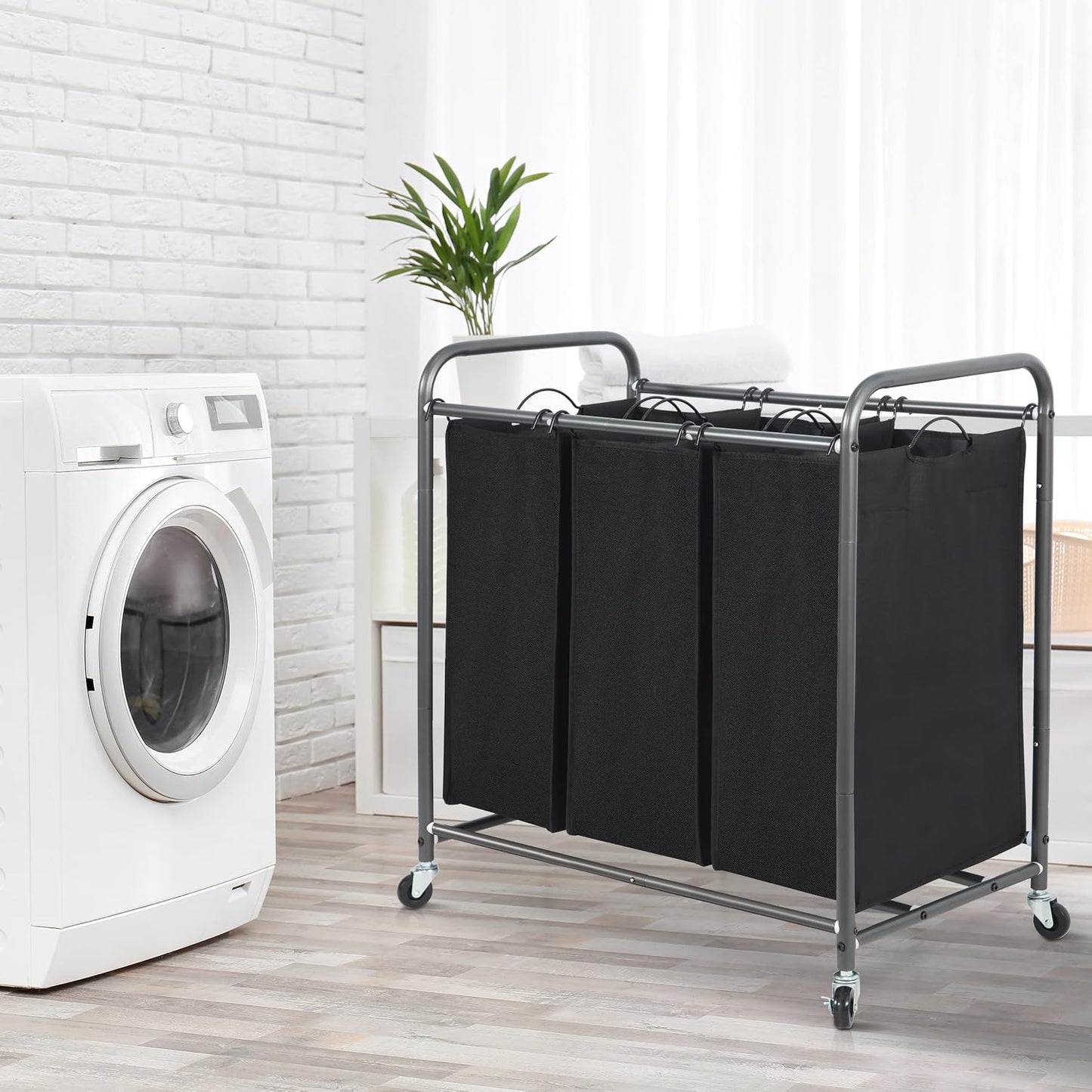 STORAGE MANIAC 3 Section Laundry Sorter, 35.6 Gal (135 L) Laundry Hamper Cart with Heavy Duty Rolling Lockable Wheels and Removable Bags, Clothes Organizer Basket Separator Hamper, Gray