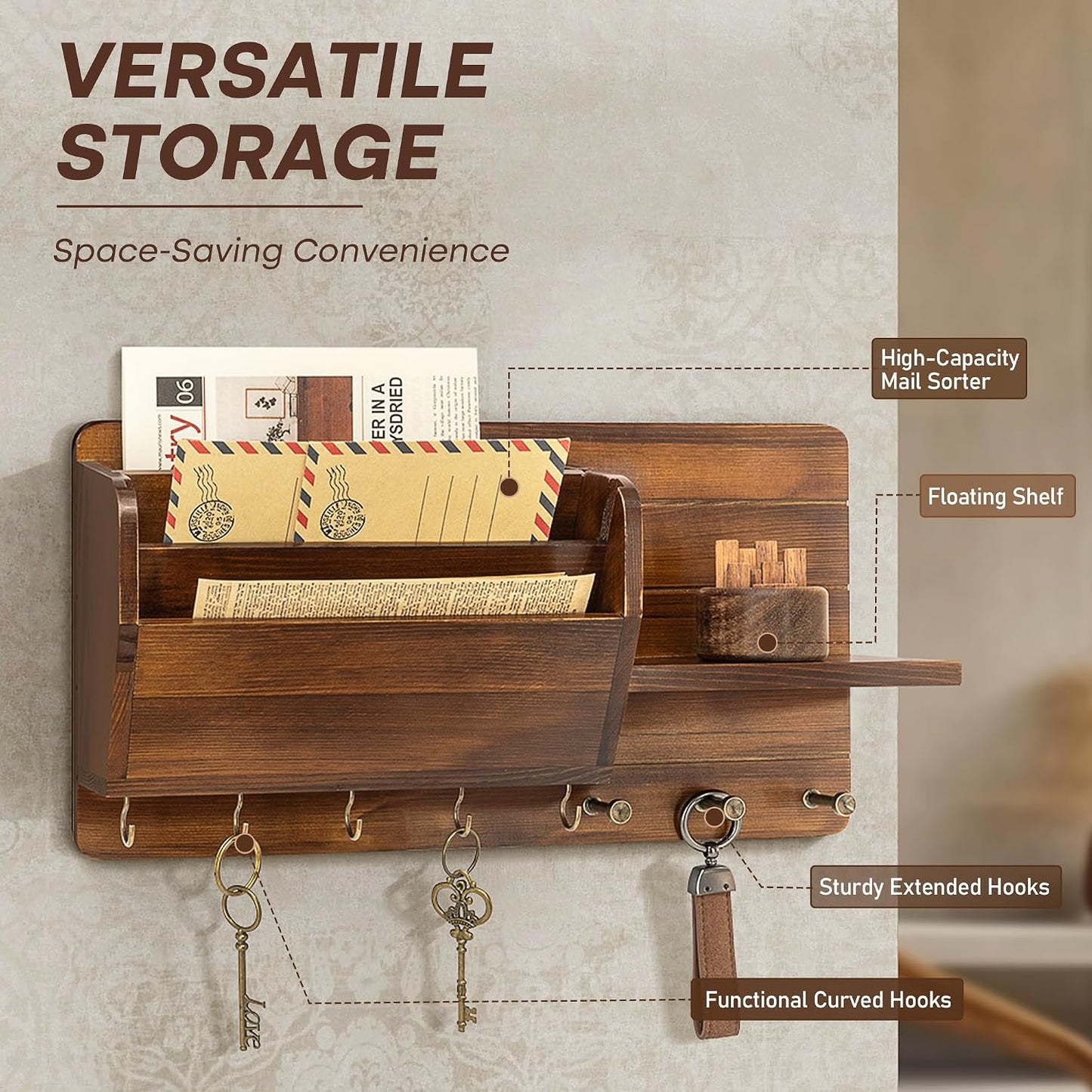 Rebee Vision Pine Wood Key Holder Wall Mount with Mail Sorter, Light Brown | Display Shelf, 8 Key Hooks, 3 Mail Sorters, Mail Organizer for Letters, Papers, Key Holder for Wall, Keep Entryways Tidy