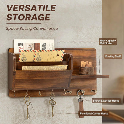 Rebee Vision Pine Wood Key Holder Wall Mount with Mail Sorter, Light Brown | Display Shelf, 8 Key Hooks, 3 Mail Sorters, Mail Organizer for Letters, Papers, Key Holder for Wall, Keep Entryways Tidy