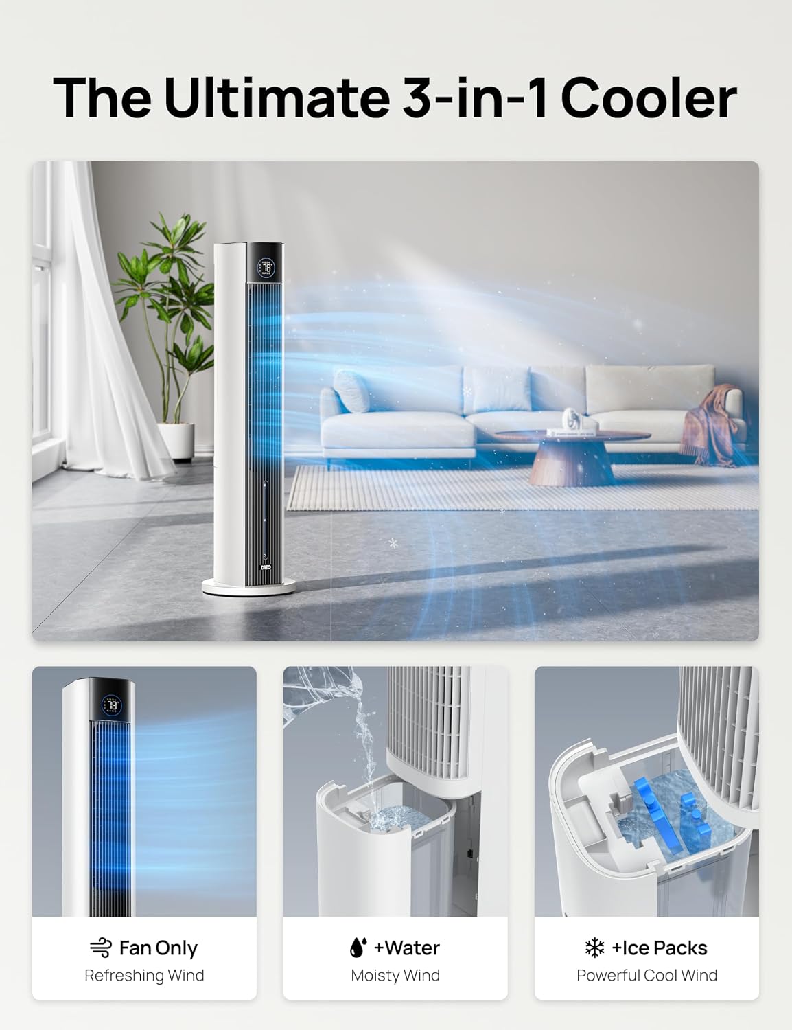 DREO Tower Fan for Bedroom, 43" Cooling Fans That Blow Cold Air 2025 Upgraded, Evaporative Air Cooler, Quiet 85° Oscillating Floor Fan, Easy Cleaning, APP Control, 4 Modes & 4 Speeds, Ink Black