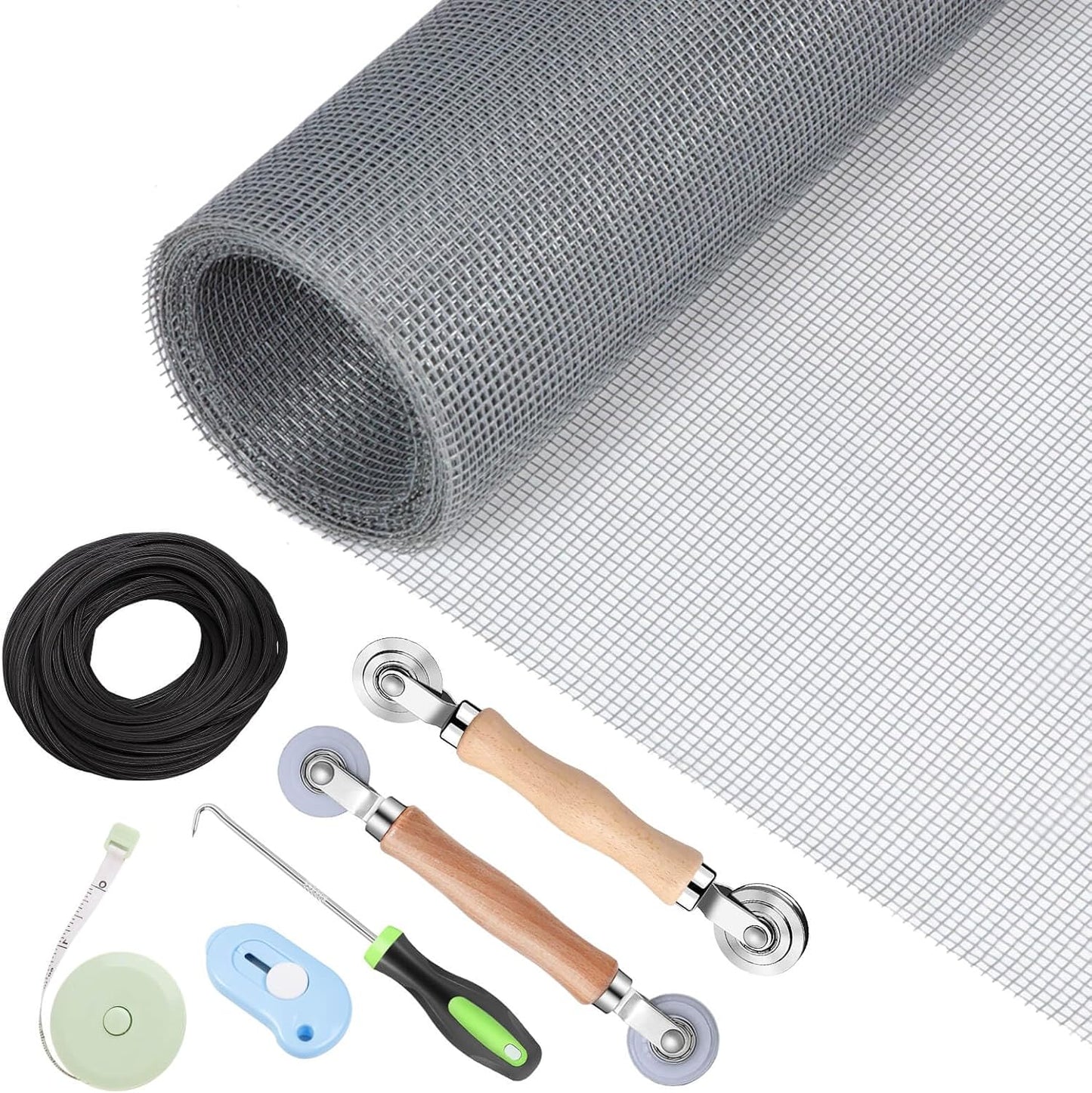 Windows Screen and Screen Door Repair Kit, 48"x118" Charcoal Fiberglass Mesh with Rolling Tool/Hook/Ruler/Cutter/Spline - Window Screen & Sliding Screen Door Replacement for Windows, TOOLTRIZ