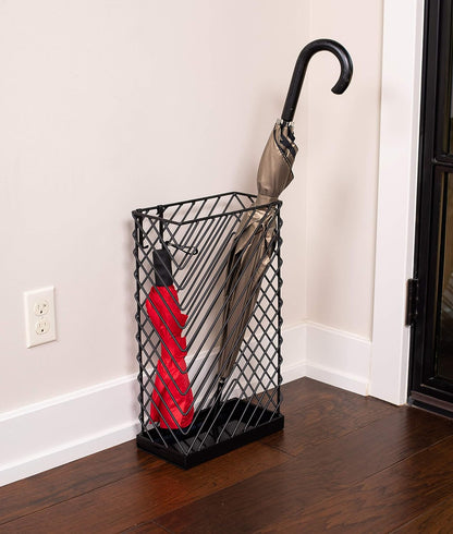 BIRDROCK HOME Decorative Umbrella Stand with Removable Water Tray - Large Freestanding Umbrella Rack and Cane Walking Stick Organizer - Metal Umbrella Holder for Entryway & Indoor Use - Black, Striped | Decorative Large Freestanding Rack and Cane Walking