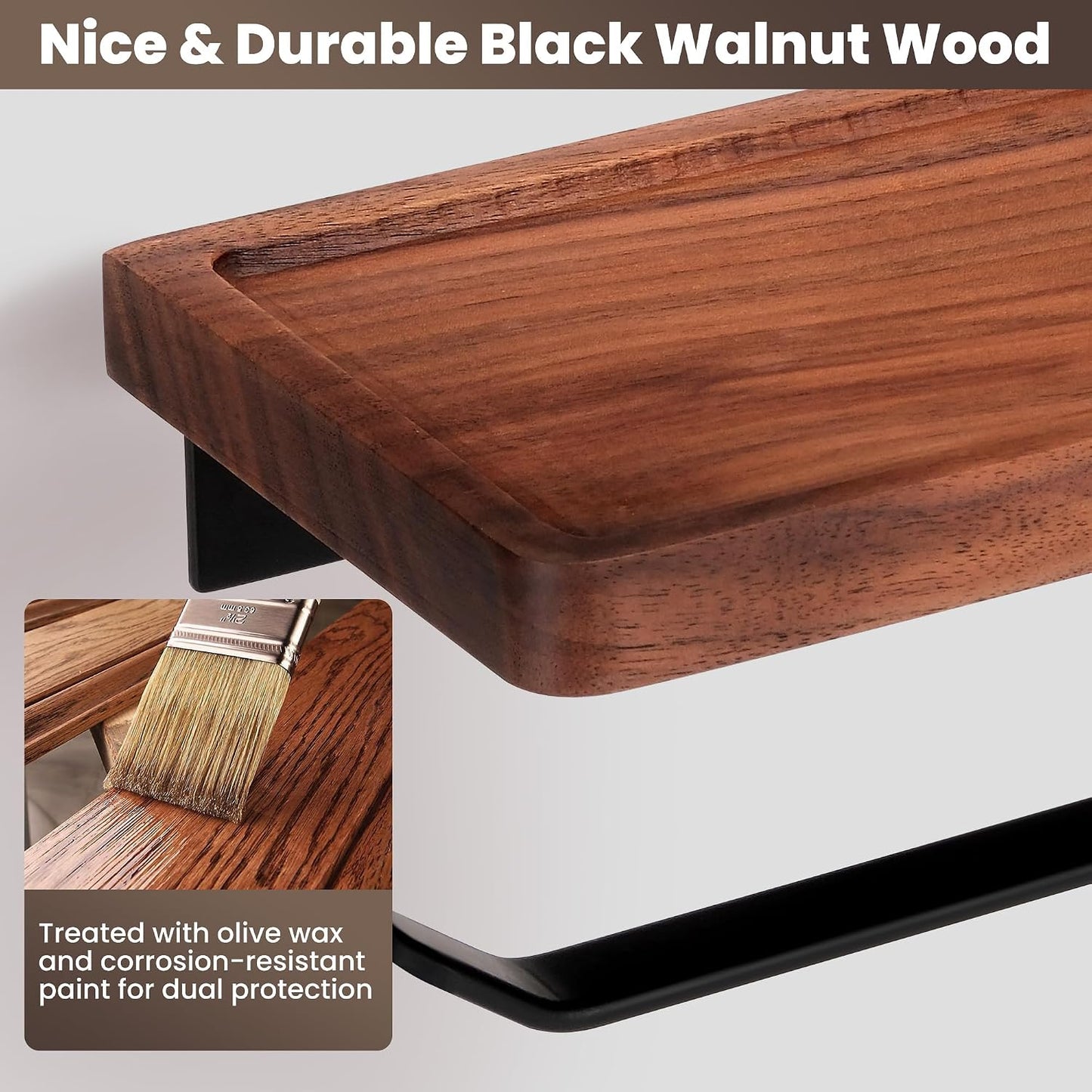 Toilet Paper Holder Walnut Wood Shelf - Wall Mount & Self-Adhesive | Bathroom Tissue Holder, Black Stainless Steel with Walnut Shelf for Phone - Home Apartment Restroom Decor Essentials