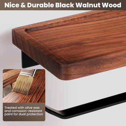 Toilet Paper Holder Walnut Wood Shelf - Wall Mount & Self-Adhesive | Bathroom Tissue Holder, Black Stainless Steel with Walnut Shelf for Phone - Home Apartment Restroom Decor Essentials