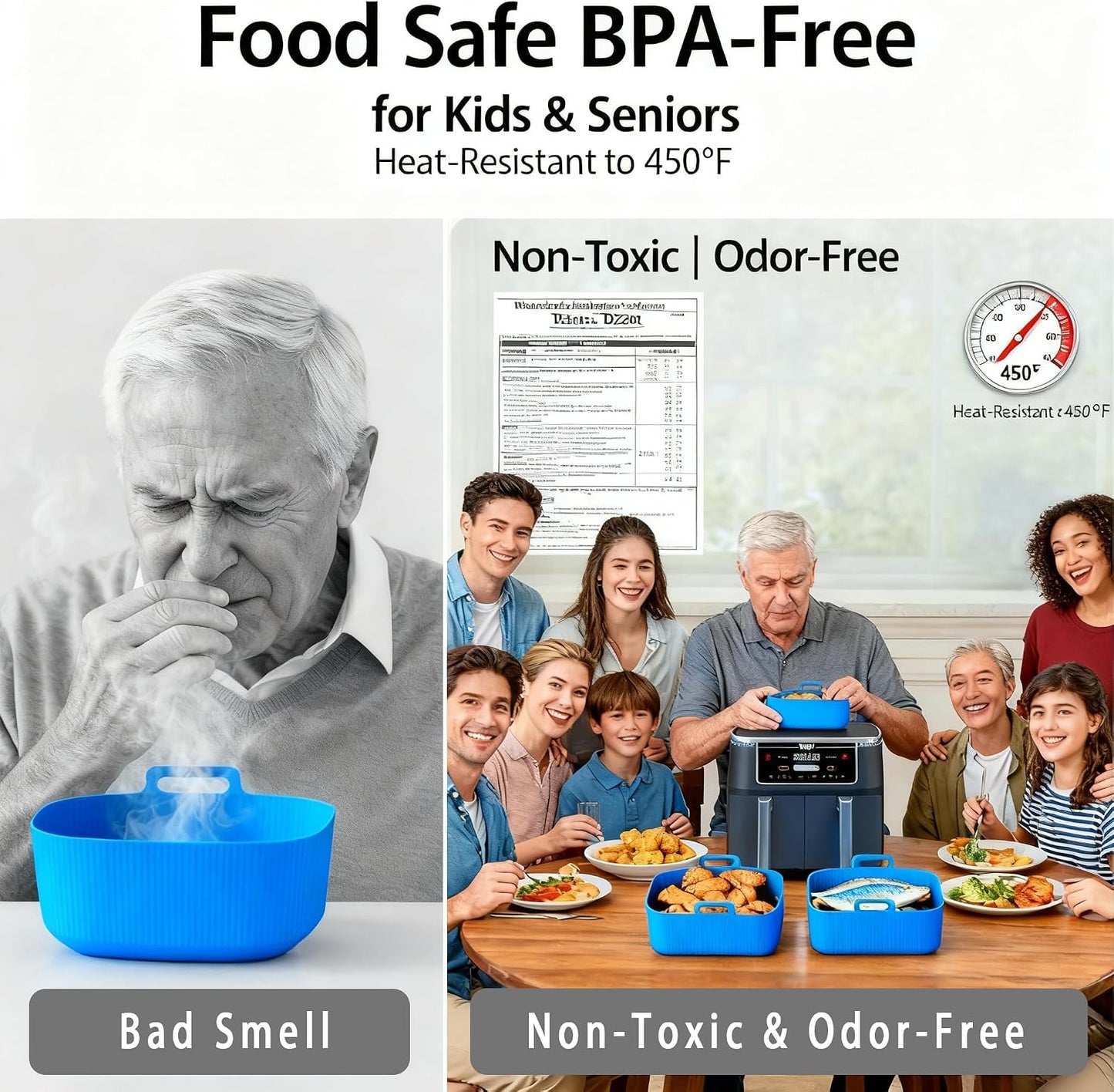 Silicone Air Fryer Liners for Ninja - Reusable DZ201 8QT Dual Basket - Rectangular 2-Pack Vacuum-Packed Easy-Clean Dishwasher-Safe Food-Safe for Home Chefs - Housewarming Gifts