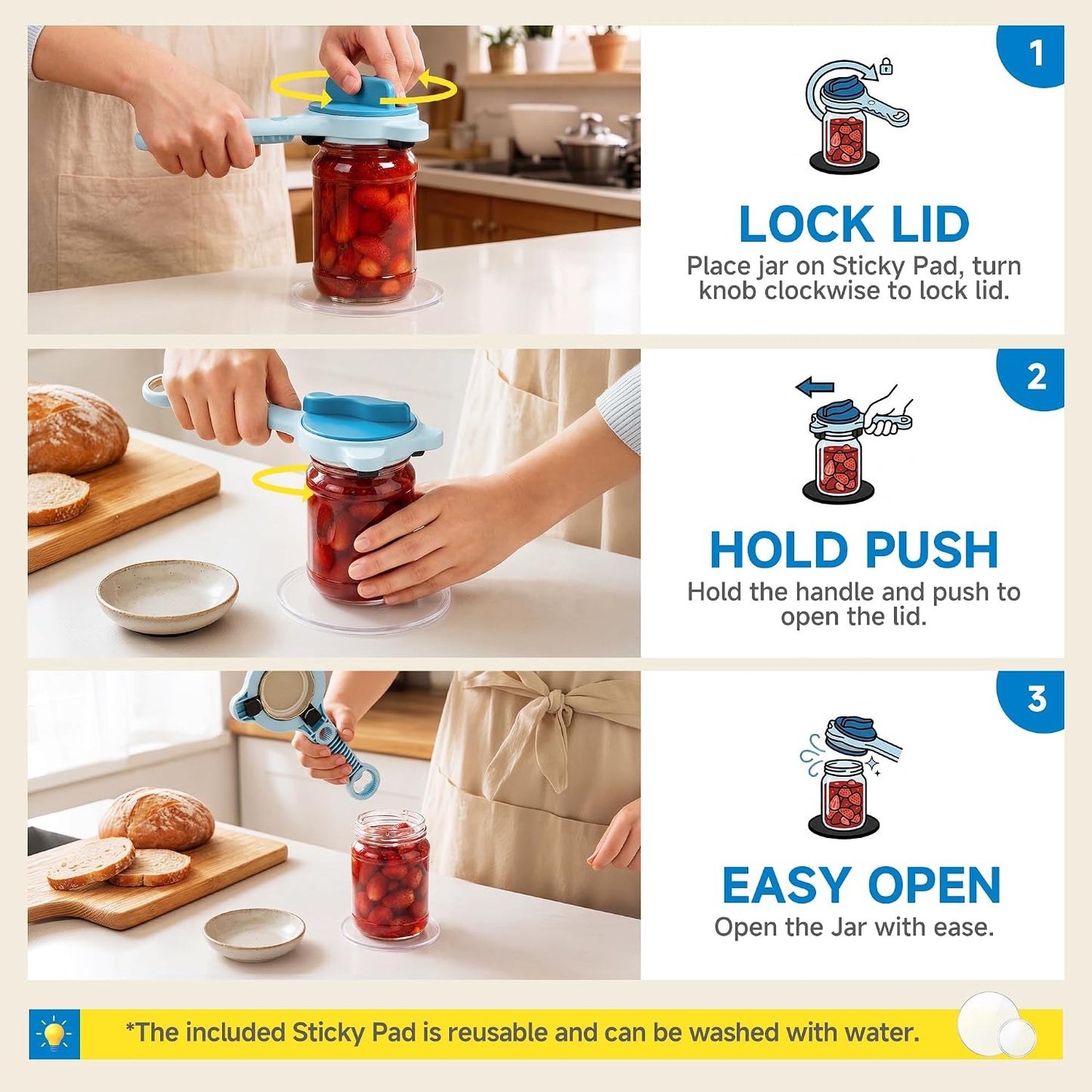 2026 Upgraded 4-in-1 Jar Opener - Adjustable Stainless Steel Lid Remover for Seniors & Arthritis Sufferers, Fits Kitchen Jars, Bottles & Cans Blue