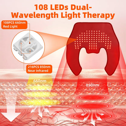 Red Light Therapy Neck Shoulder Wrap, 108 LEDs Cordless Heating Pad | Lightweight wearable fabric, for neck shoulder upper back, 660nm 850nm near infrared light therapy, heat massage relaxation