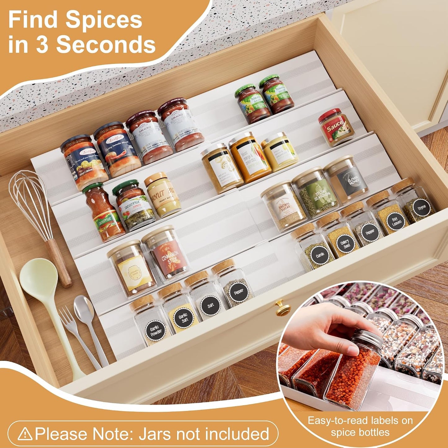 8-Pack Spice Drawer Organizer, Expandable Acrylic Seasoning Rack (13" to 26") with Anti-Slip Mat, Kitchen Spice Rack Holds up to 56 Jars (Jars Not Included)