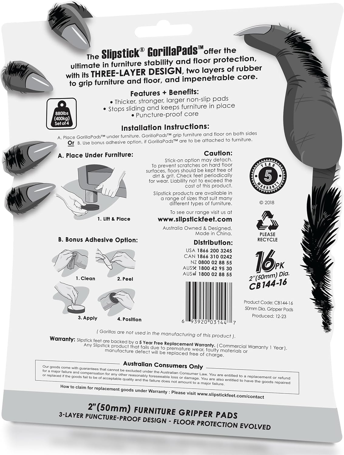 Slipstick GorillaPads CB144 Non Slip Furniture Pads/Grippers (Set of 8) Furniture Feet Floor Protectors, 2 Inch Round, Black