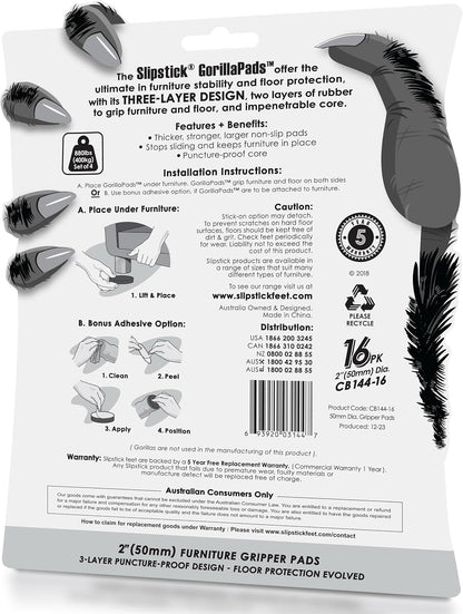 Slipstick GorillaPads CB144 Non Slip Furniture Pads/Grippers (Set of 8) Furniture Feet Floor Protectors, 2 Inch Round, Black