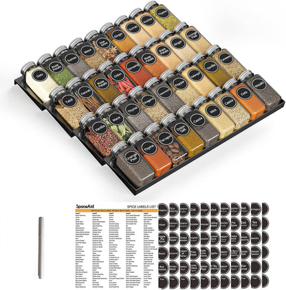 SpaceAid Spice Drawer Organizer with 28 Spice Jars, 386 Spice Labels, 4 Tier Seasoning Rack Tray Insert for Kitchen Drawers, 13" Wide x 17.5" Deep