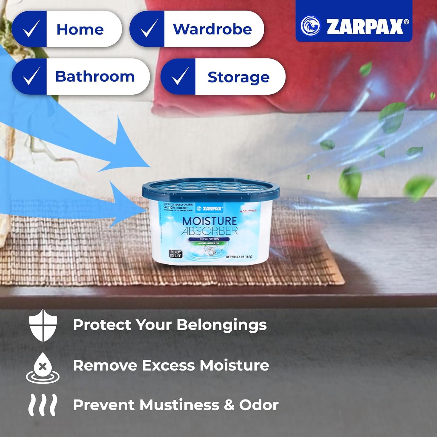 ZARPAX Moisture Absorber Activated Charcoal 10.5 oz/300g | Removes Moisture, Damp, Humidity & Odors | Odor Absorber | Moisture Trap for Bathroom, Closet, Kitchen & Small Spaces | Set of 4