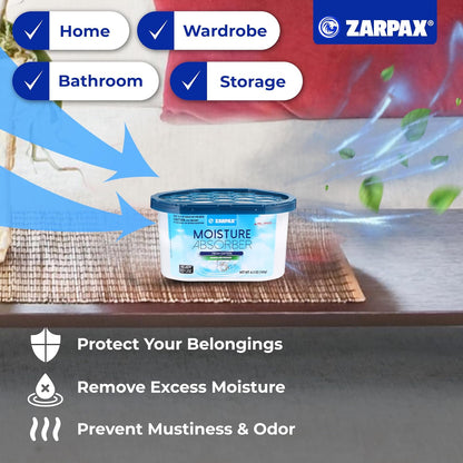 ZARPAX Moisture Absorber Activated Charcoal 10.5 oz/300g | Removes Moisture, Damp, Humidity & Odors | Odor Absorber | Moisture Trap for Bathroom, Closet, Kitchen & Small Spaces | Set of 4