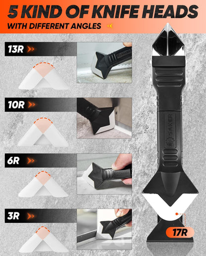 Saker Silicone Caulking Tool 3-in-1 Grout Removal Tool Classic Black | Sealant Finishing Scraper with Stainless Steelhead, Seam Repair Kit for Bathroom, Kitchen, Floor, Window and Sink Joints