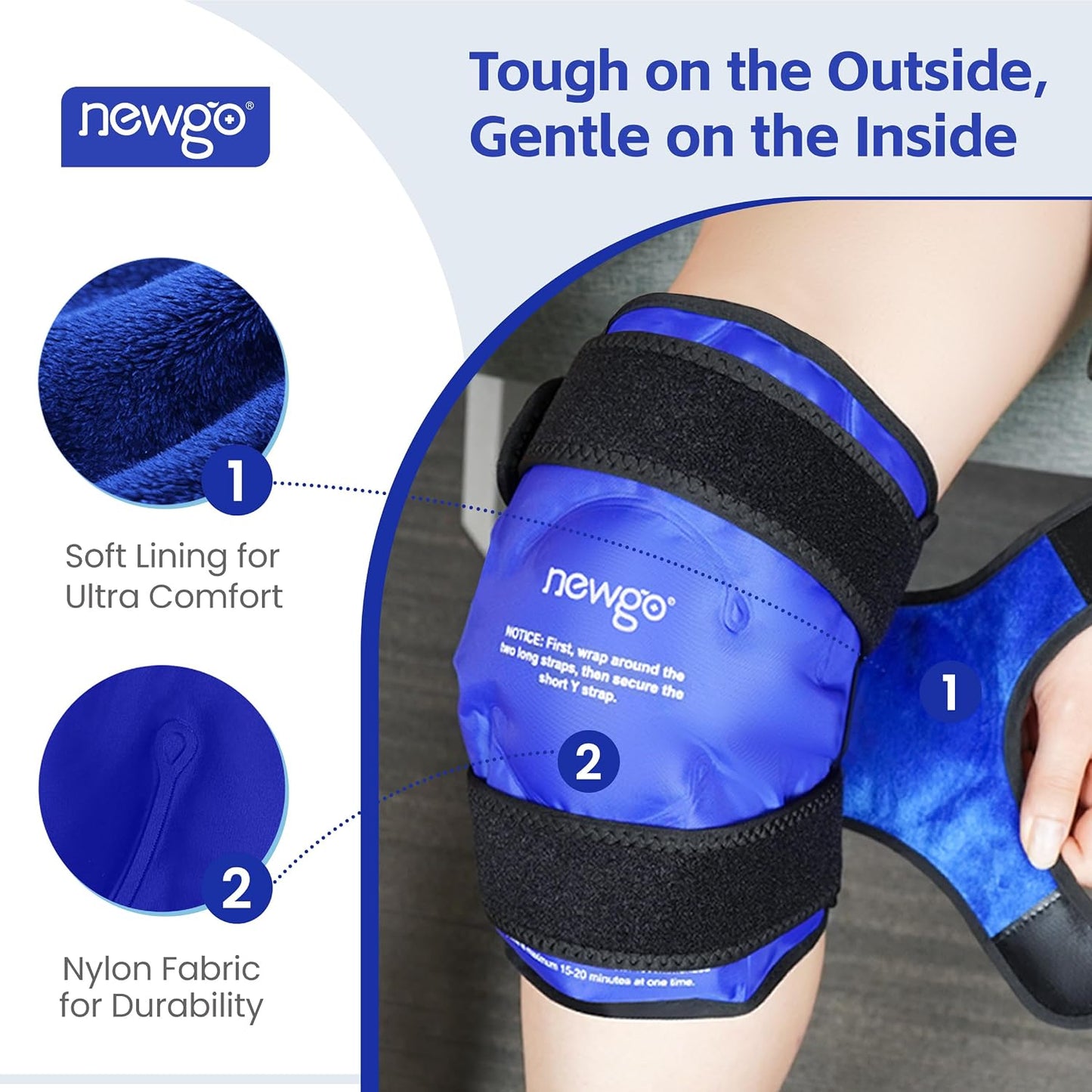 NEWGO Knee Ice Pack Wrap, 360° Full Wrap, Blue | Y-shaped Strap Stays Put, Reusable for Knee Replacement, ACL, Arthritis, Swelling, and Sports Injuries, 21.7" x 9.8"