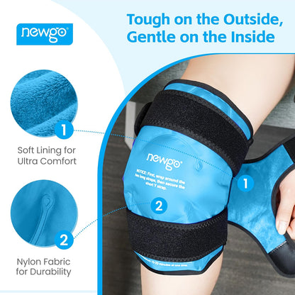 NEWGO Knee Ice Pack Wrap, 360° Full Wrap, Blue | Y-shaped Strap Stays Put, Reusable for Knee Replacement, ACL, Arthritis, Swelling, and Sports Injuries, 21.7" x 9.8"