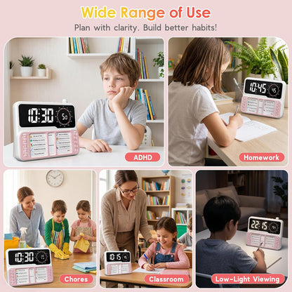 7-in-1 Visual ADHD Timer for Kids with Chore Chart Board, ADHD Tools Schedule for Kids with Autism, Alarm, Countdown, Date, Temperature, Storage, Daily Checklist for Home/School/Classroom/Desk(Pink)