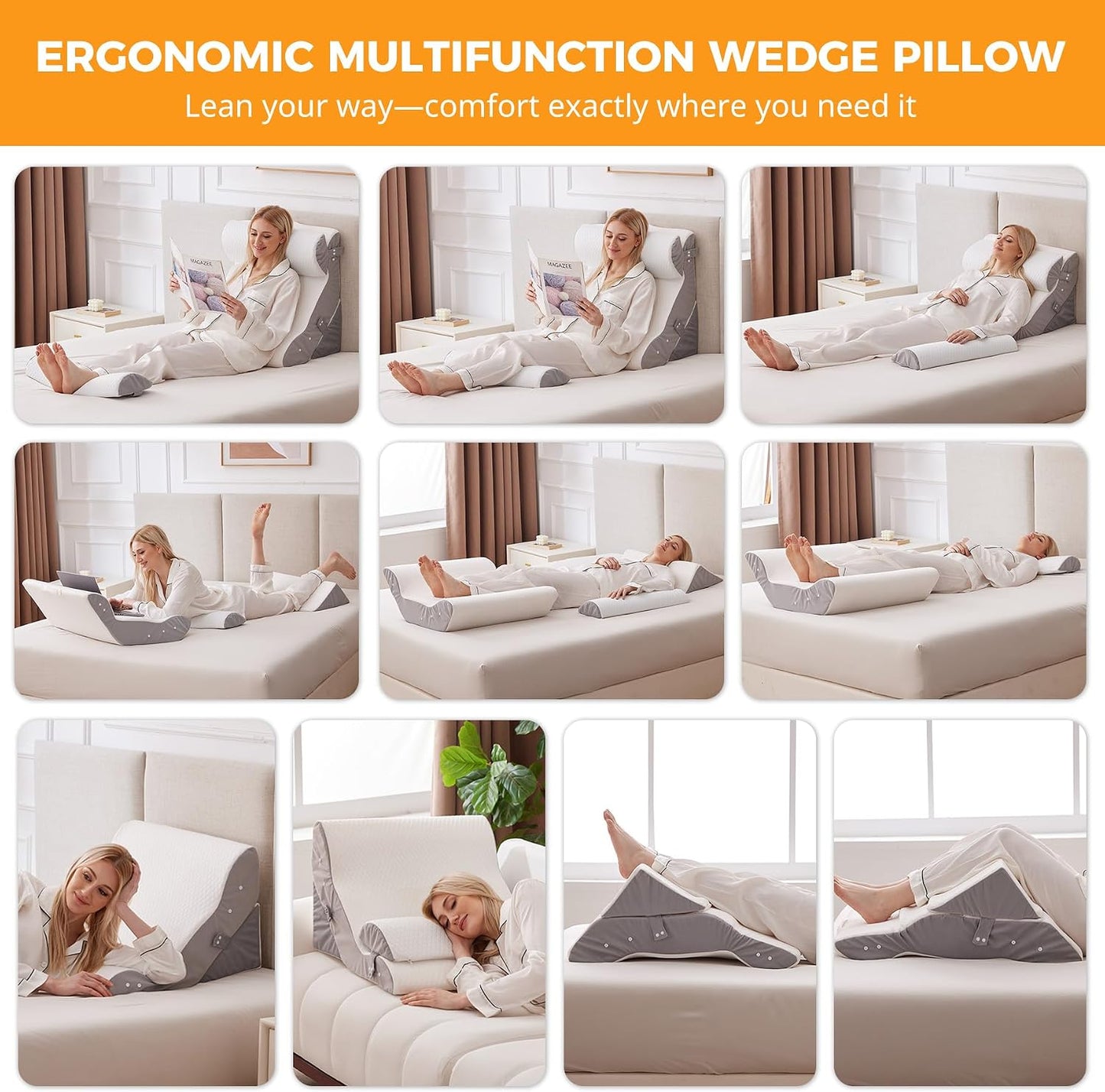 Ruqmuis 3PCS Wedge Pillow Set for After Surgery, Adjustable Back Pillow for Bed Sitting up, Acid Reflux, Bed Wedge Pillow Headboard for Sleeping & Snoring, Orthopedic Pillow for Post Surgery, White