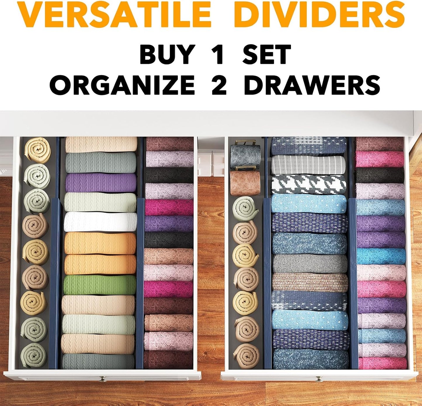 SpaceAid Bamboo 4 Pack Dresser Drawer Dividers, 4.65“ High Adjustable 12.5“-17” Drawer Organizers, Expandable Organization for Clothing, Clothes, Dressers, Black