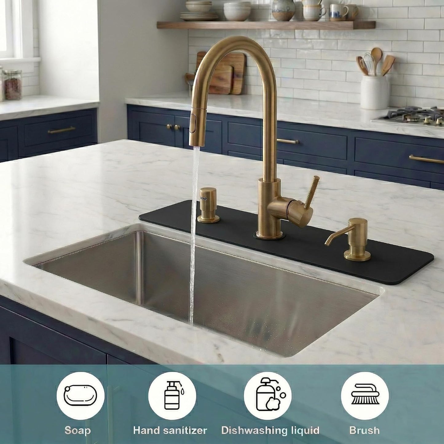Absorbent Kitchen Sink Faucet Mat for 3-Hole 8" On-Center Faucets, 30"x5.5" | Fits Sink with Soap Dispenser, Air Gap & Side Sprayer - Cuttable Drip Catcher Splash Guard for Irregular & 3, 4 Hole Sinks
