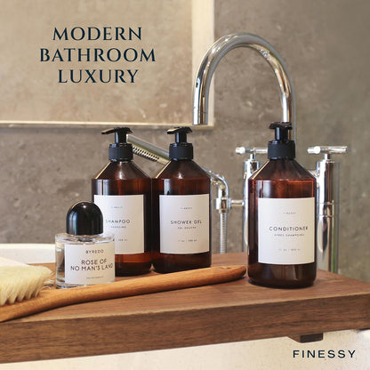 FINESSY Amber Shampoo and Conditioner Dispenser for Shower Wall No Drill | 3 Plastic 17oz Fillable Shower Bottles With Labels. Shower Shampoo Dispenser Wall Mounted. Airbnb Empty Soap Pump Bottles.
