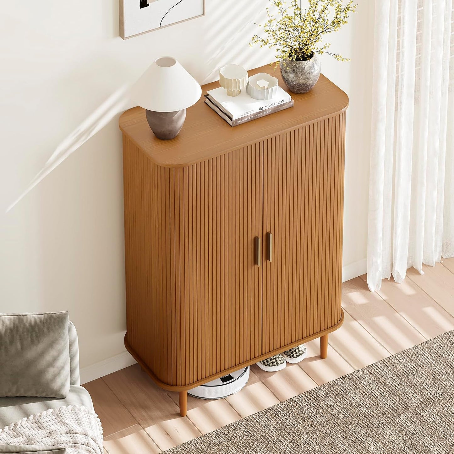 DHH Shoe Storage Cabinet with Sliding Door, 6-Tier Shoe Cabinet with Adjustable Shelves, Modern Freestanding Shoe Storage Organizer for Entryway, Hallway, Living Room (Walnut, 47 ")