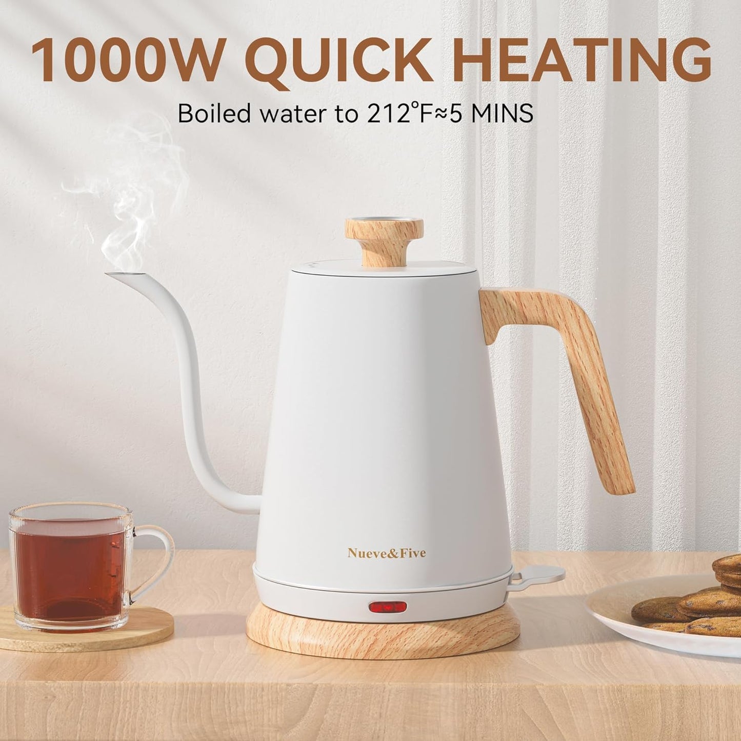 Nueve&Five Electric Gooseneck Kettle with Thermometer, 1.0L Pour Over Hot Water Kettle for Coffee and Tea, 1000W, Auto Shutoff, Boil-Dry Protection, Matte Black