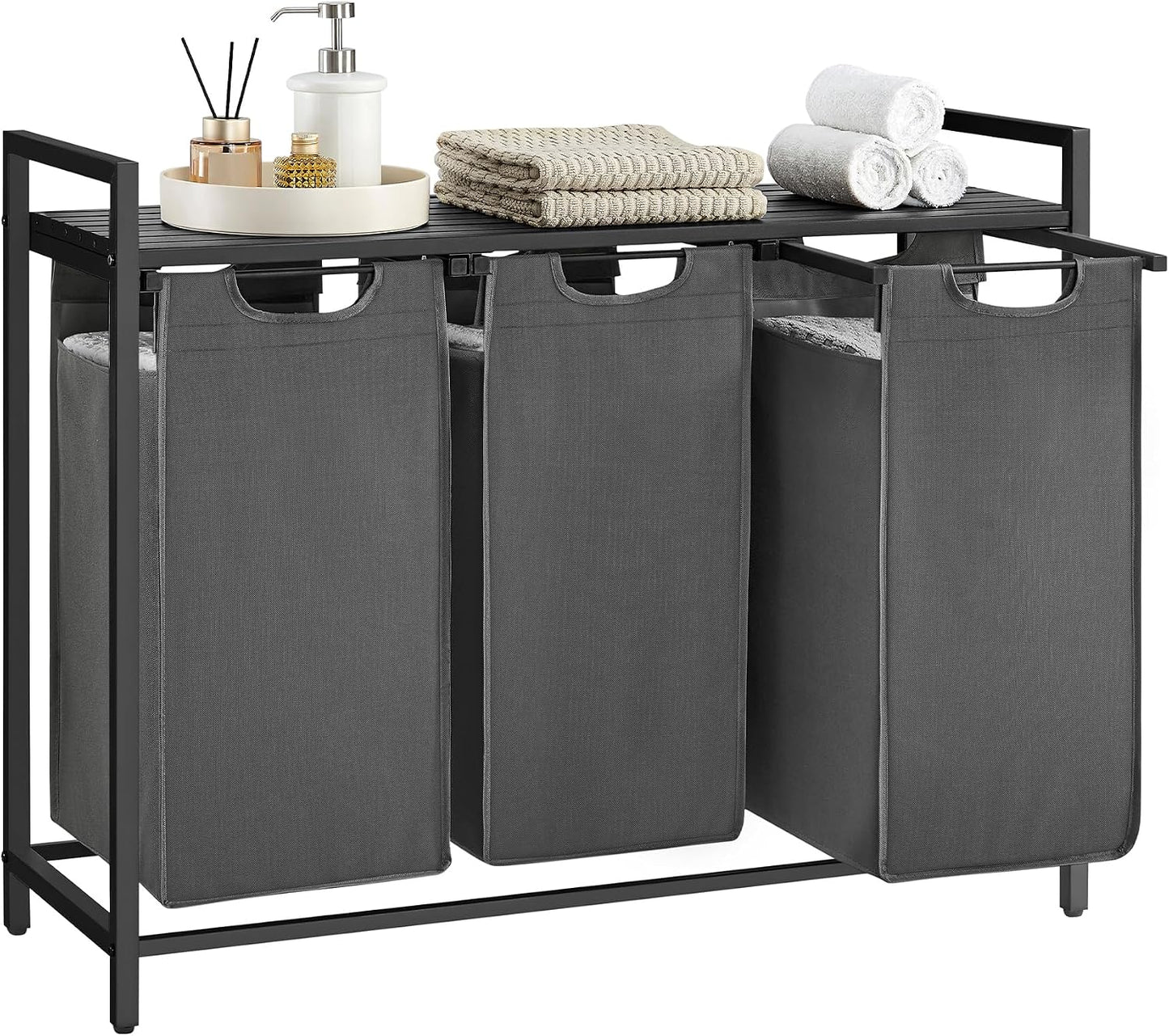 VASAGLE Laundry Hamper, Laundry Basket Sorter with 3 Pull-Out and Removable Bags, Shelf, Metal Frame, 3 x 10.6 Gallons (40 L), 36.4 x 13 x 28.4 Inches, Cappuccino Beige and Natural Beige UBLH301LH01