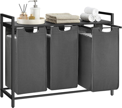 VASAGLE Laundry Hamper, Laundry Basket Sorter with 3 Pull-Out and Removable Bags, Shelf, Metal Frame, 3 x 10.6 Gallons (40 L), 36.4 x 13 x 28.4 Inches, Cappuccino Beige and Natural Beige UBLH301LH01