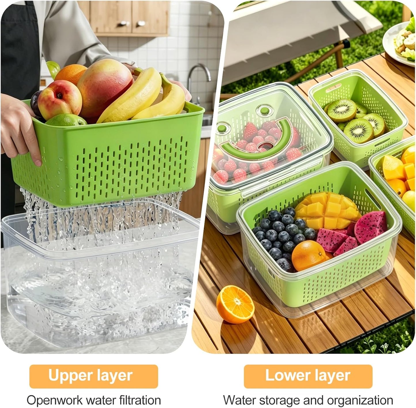 YudouTech 4 PCS Fruit Storage Containers for Fridge-Features removable Colander,All-in-One Fruit Washing Bowl & Colander,Microwave/Dishwasher Safe for Berry,Lettuce,Salad & Meat Fresh Longer,Green