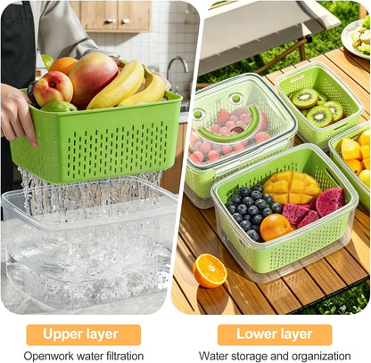 YudouTech 4 PCS Fruit Storage Containers for Fridge-Features removable Colander,All-in-One Fruit Washing Bowl & Colander,Microwave/Dishwasher Safe for Berry,Lettuce,Salad & Meat Fresh Longer,Green