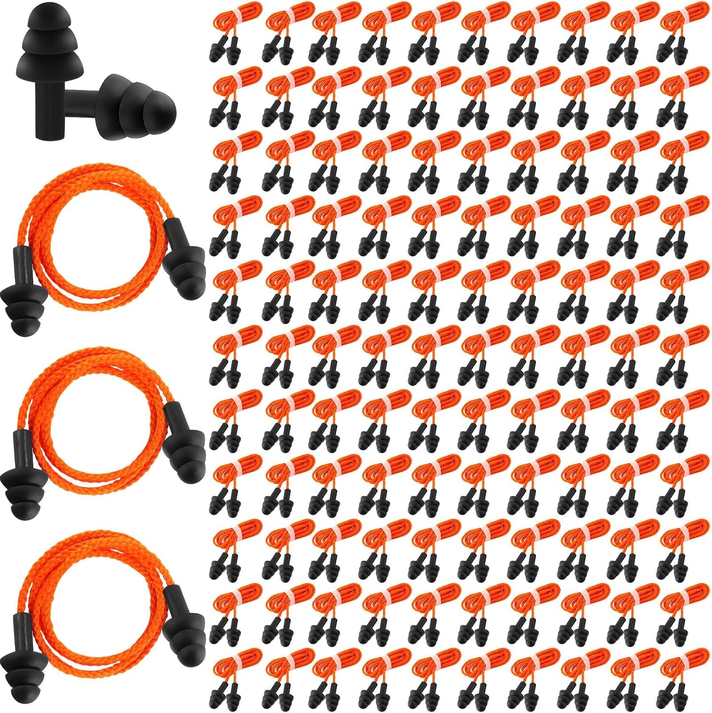 Xuhal 200 Pairs Corded Ear Plugs Silicone Earplugs with Cord Individually Wrapped Reusable Earplugs Sleep Noise Cancelling Hearing Protection for Snoring Shooting Studying Construction (Black)