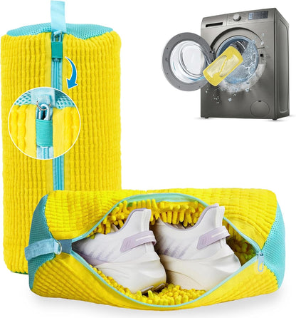 Shoe Washing Machine Bag – 2 Pcs Reusable Laundry Shoe Bag, 360° Deep Cleaning Sneaker Washing Bag, Durable Mesh Net with Zipper Protection, Fits All Shoe Types & Sizes (2 PCS Yellow)