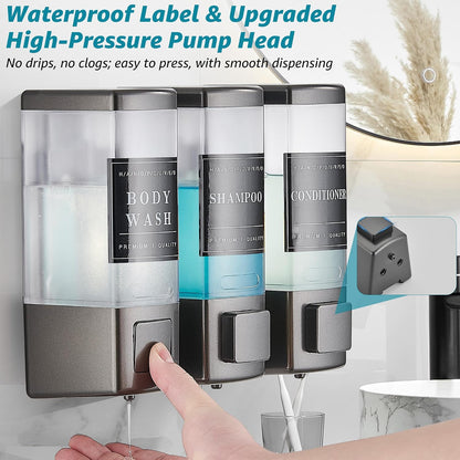 Shampoo and Conditioner Dispenser for Shower, 3 Chamber, Black | Wall Mounted, No Drill, 3×16.9oz, ABS Plastic Material, Refillable With Labels, For Bathroom Hotel