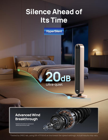 DREO Smart Tower Fan for Bedroom, 120° Oscillating Fan, 20dB Quiet DC Motor | 28ft/s Airflow, 12 Speeds, 4 Modes Bladeless Standing Fan, 12H Timer Cooling Fan for Home, Living Room, App & Alexa Control