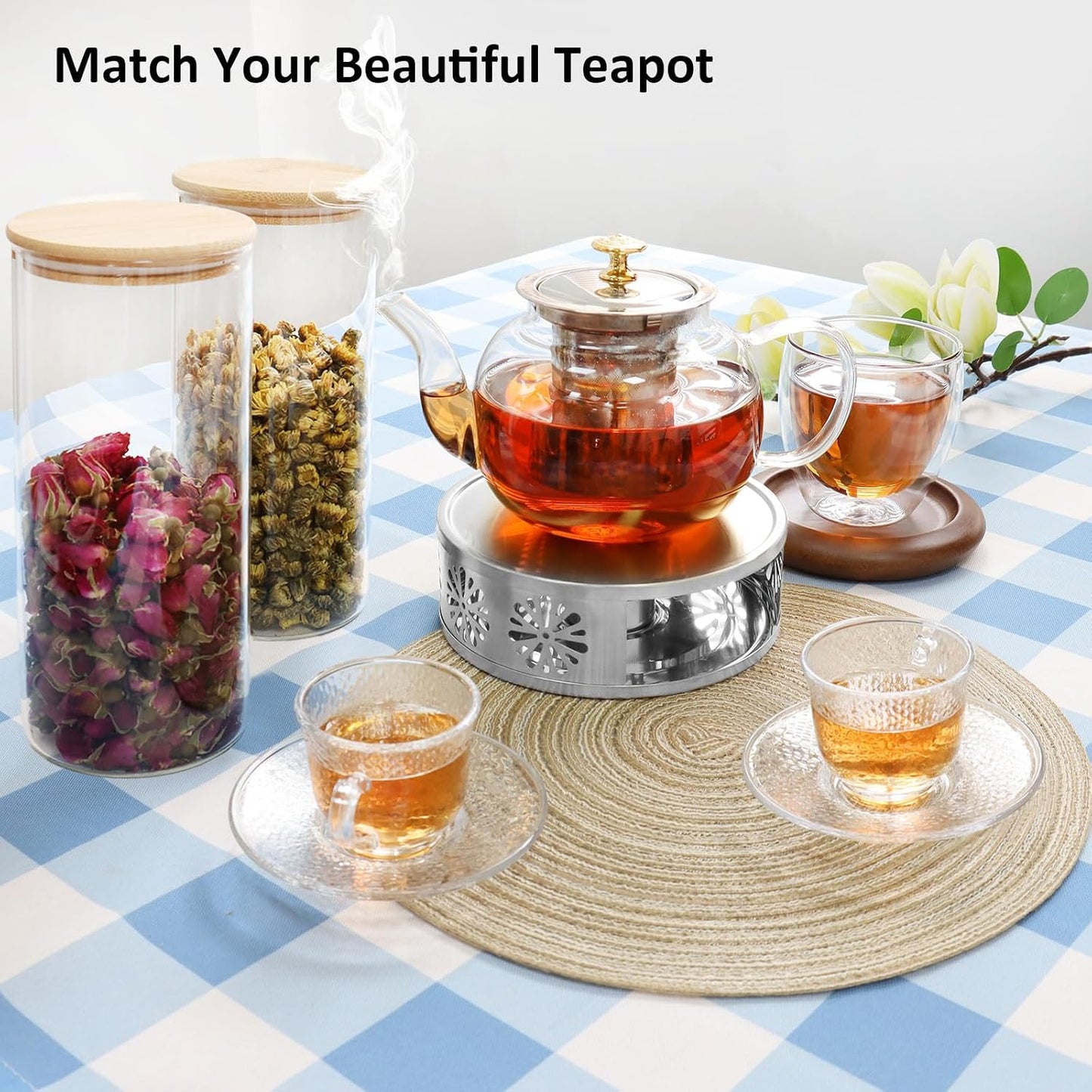 Tea Warmer Petals Silhouette, Silver Brushed Stainless Steel | Teapot Warmer Includes 1 Tealight Holder