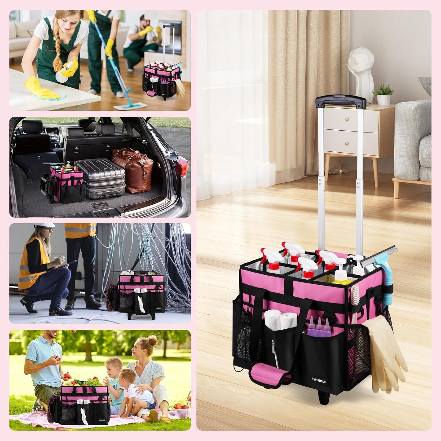 Extra Large Cleaning Caddy Bag with Built-In Support Board, Cleaning Tote Organizer with Removable Divider, Supply Carryall with Adjustable Shoulder Strap and Waist Belt for Cleaners & Housekeeper