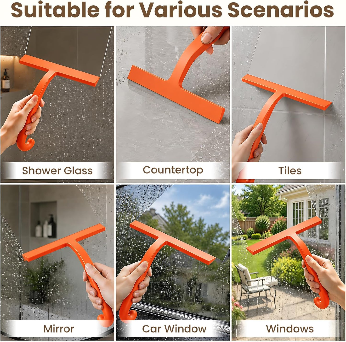 10 Inch Silicone Shower Squeegee for Glass Doors, Streak-Free, Black | No-Squeak Silicone Blade, Ergonomic Round Grip and Built-In Hook for Quick Daily Cleaning of Shower Glass, Tile and Windows
