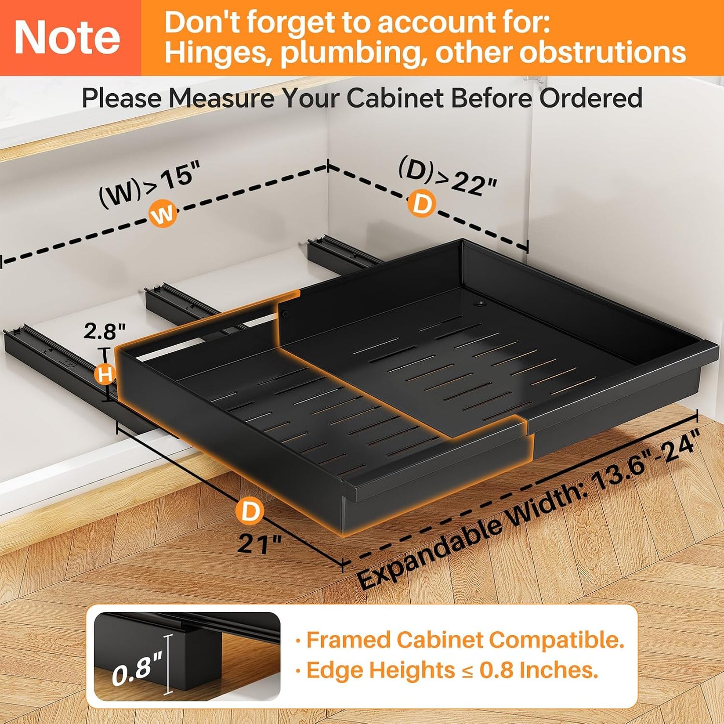 Pull out Cabinet Organizer, 1-Pack Expandable(13.6"-24") Silde out Drawers with Raising Pad for Framed Cabinets, Adjustable Full-Extension Adhesive Roll out Shelves for Kitchen Pantry Home Pot and Pan