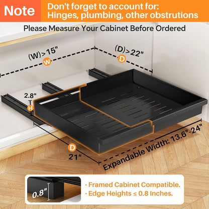 Pull out Cabinet Organizer, 1-Pack Expandable(13.6"-24") Silde out Drawers with Raising Pad for Framed Cabinets, Adjustable Full-Extension Adhesive Roll out Shelves for Kitchen Pantry Home Pot and Pan