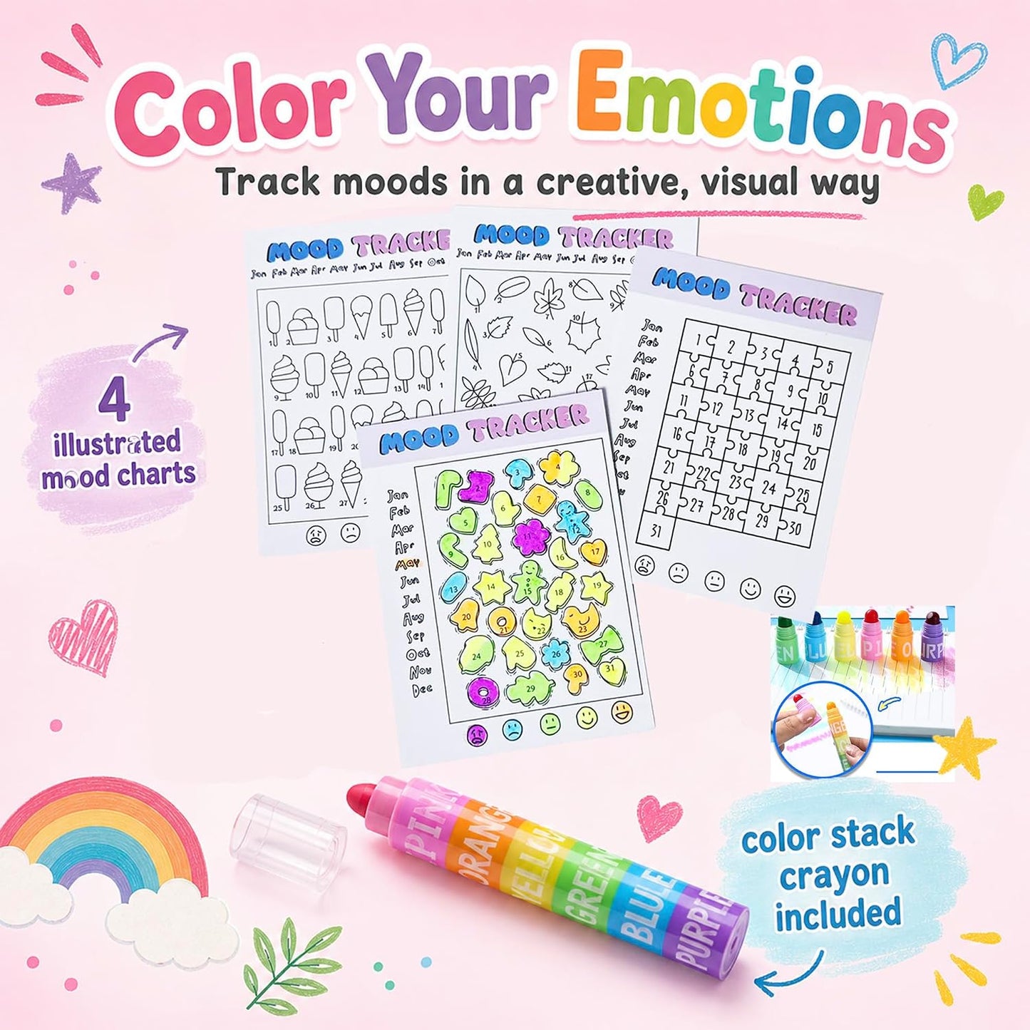 Mood Tracker Journal Set |126-Day Self Care & Emotional Wellness Journal Kit for Teen Girls & Tweens |Daily Mood Check-in, Coloring Charts, Stickers & Mindfulness Cards | Self Care Gift Set(Pink)