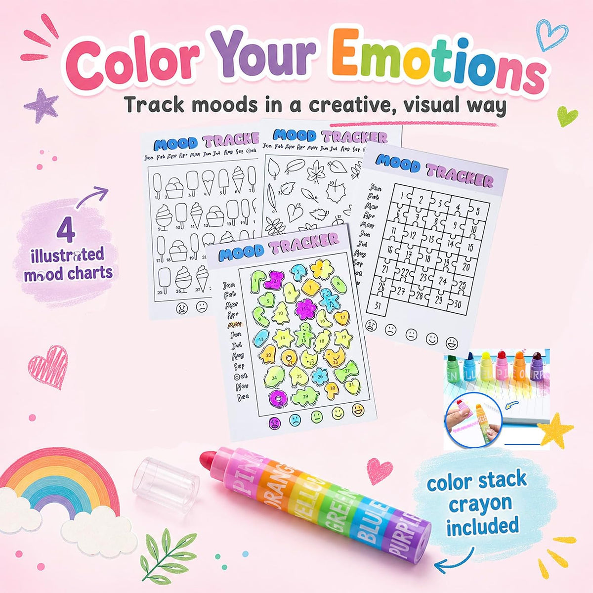 Mood Tracker Journal Set for Teen Girls & Tweens, Self Care Gift(Pink)