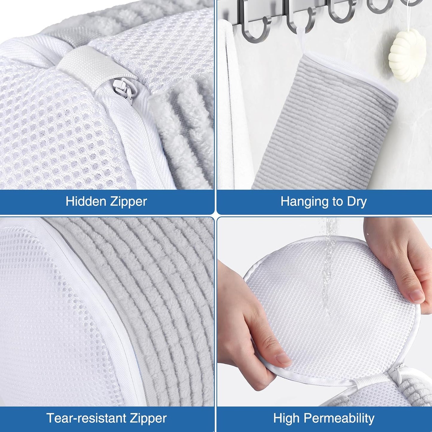 Shoe Washing Bag for Washing Machine, Fluffy Fibers Keep 360° Wrap-around Cleaning, Adjustable Shoe Trees, Durable Hidden Zipper Reusable Laundry Bag for Sneaker Gym Shoes White