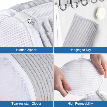 Shoe Washing Bag for Washing Machine, Fluffy Fibers Keep 360° Wrap-around Cleaning, Adjustable Shoe Trees, Durable Hidden Zipper Reusable Laundry Bag for Sneaker Gym Shoes White