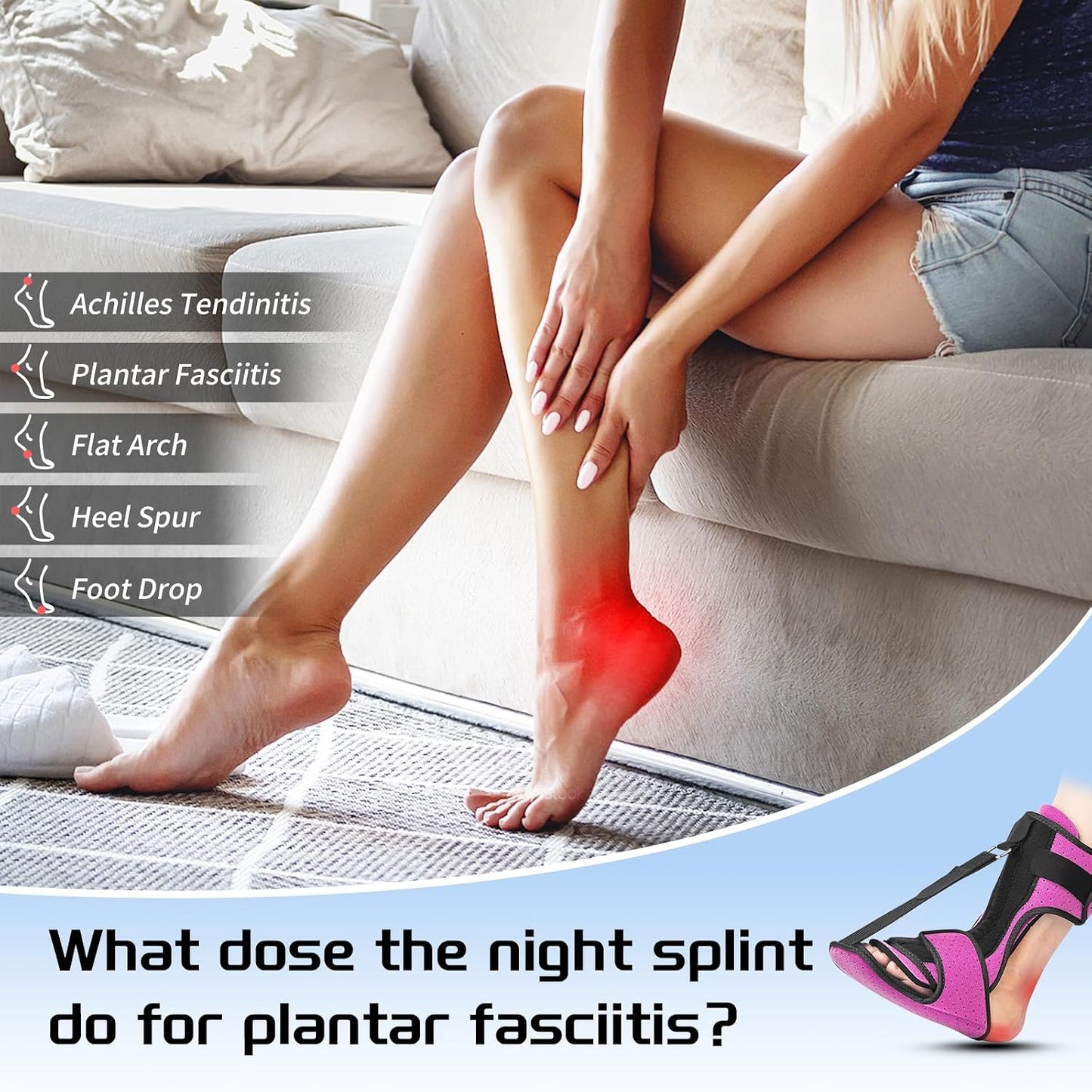Plantar Fasciitis Night Splint with Massage Ball for Plantar Fasciitis Relief, Soft & Comfortable Foot Brace for Achilles Tendonitis Heal Spur Foot-drop Flat-arch for Women and Men, Rosa