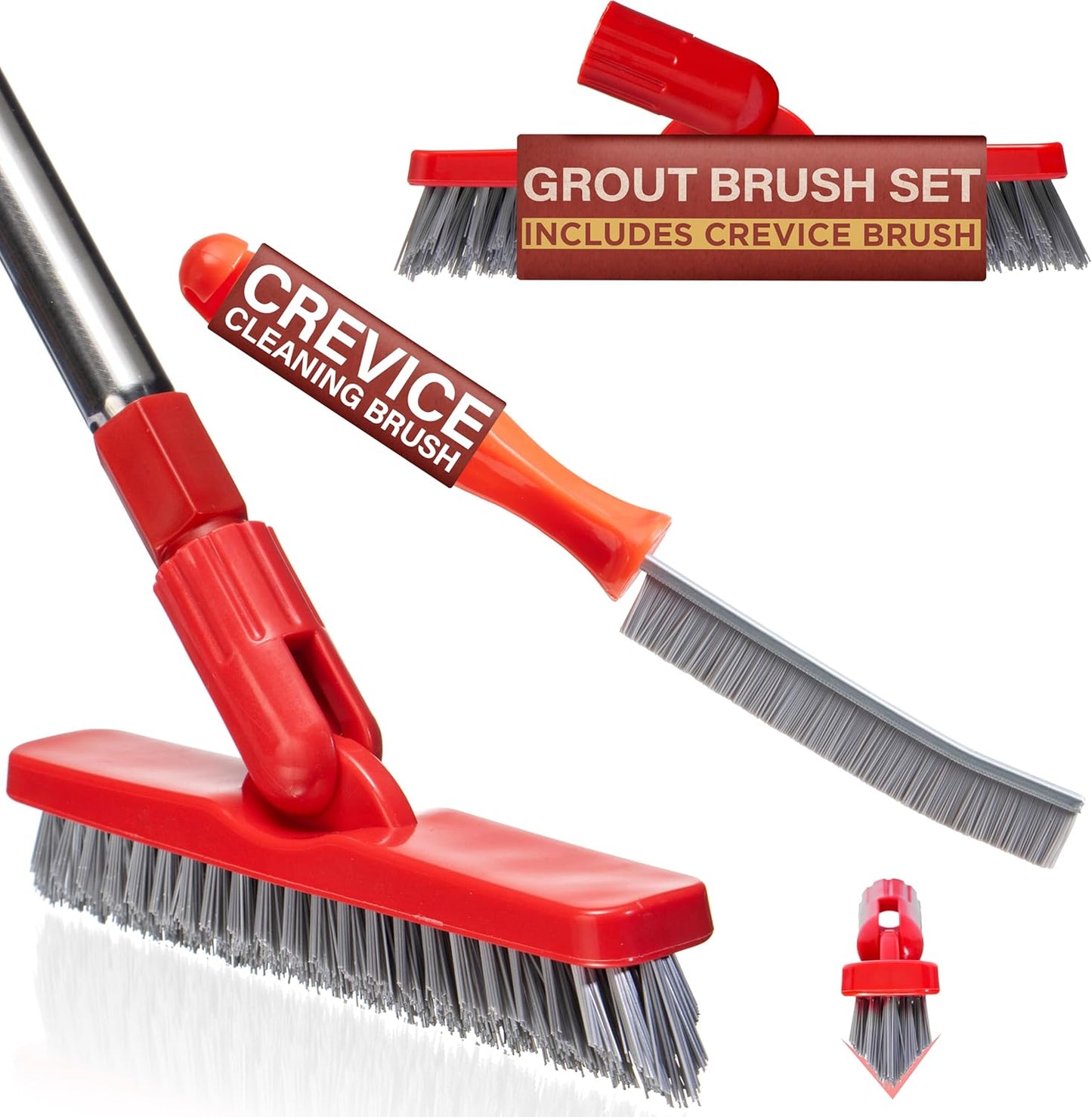 Foxtrot Living Grout Brush with Long Handle and Crevice Cleaning Brush Set | V-shaped, telescopic handle, crevice cleaning included, Grout cleaner for tile floors
