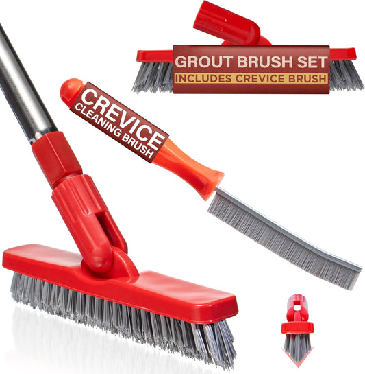Foxtrot Living Grout Brush with Long Handle and Crevice Cleaning Brush Set | V-shaped, telescopic handle, crevice cleaning included, Grout cleaner for tile floors