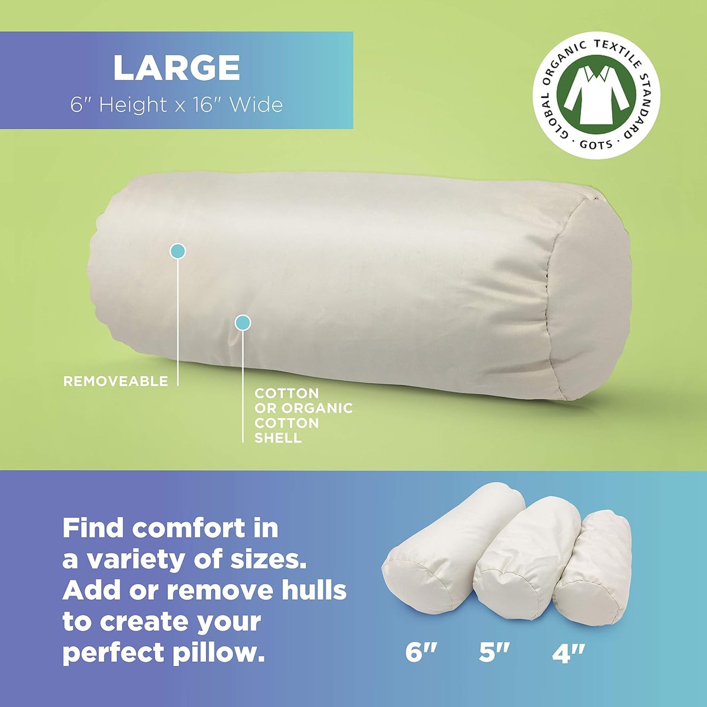 Bean Products Natural Organic Cotton Kapok Neck Roll Pillow 4"Dia x 12"
